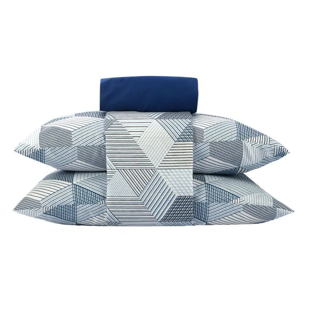 Jogo de Cama Casal Napoli 4 pçs - Cubos Geométricos Azul