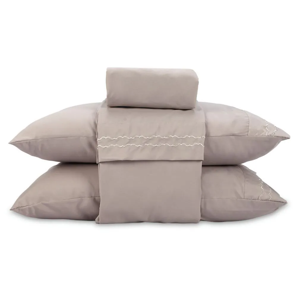 Jogo de Cama Imperial King Bordado 4 Peças - Bege