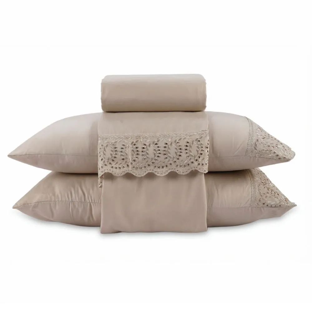 Jogo de Cama Queen com Renda 4 pçs - Bege