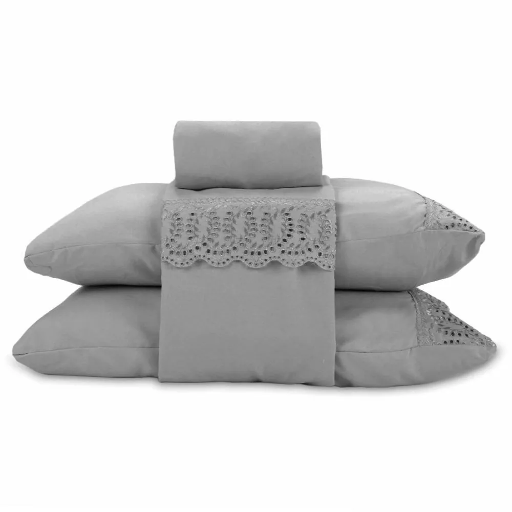 Jogo de Cama Queen com Renda 4 pçs - Cinza Amianto