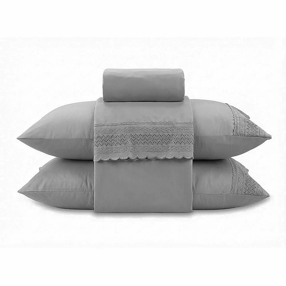 Jogo de Cama Queen com Renda Imperial 4 pçs - Cinza Amianto