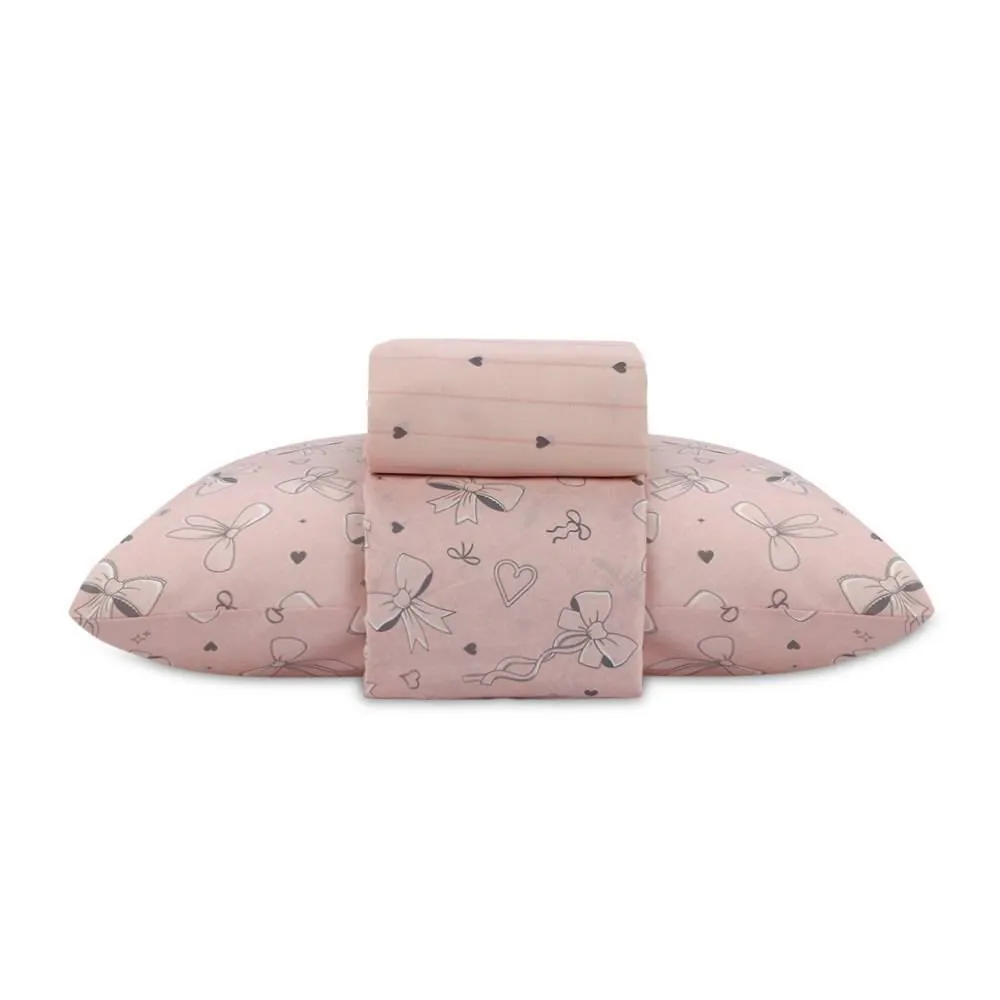Jogo de Cama Solteiro 150 Fios Kids 3 pçs - Laço Rosa e Cinza