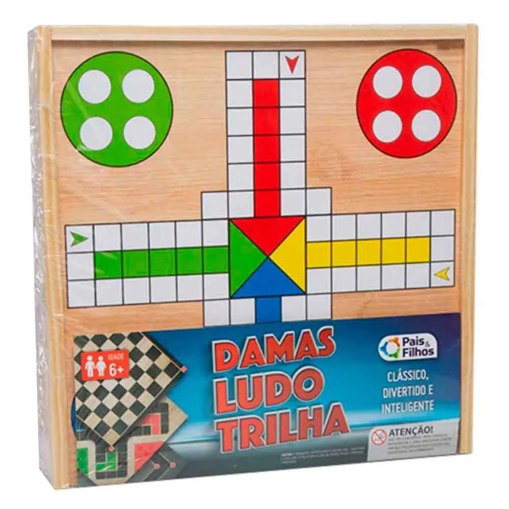 Jogos Damas Ludo e Trilha Caixa de Madeira Gala - 2212