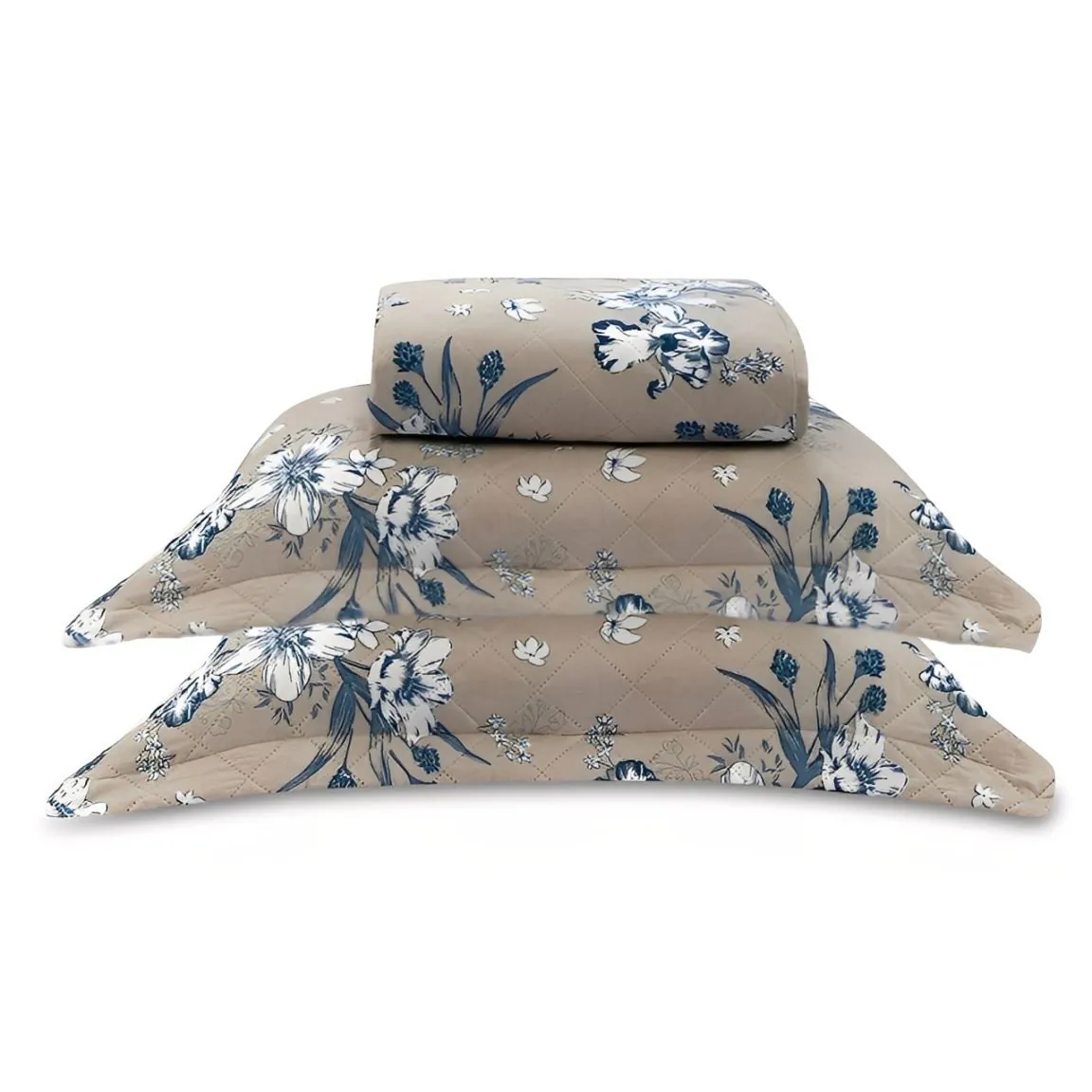 Kit Colcha Queen Estampada Versalhes/Napoli 3 Peças - Floral Azul Linho