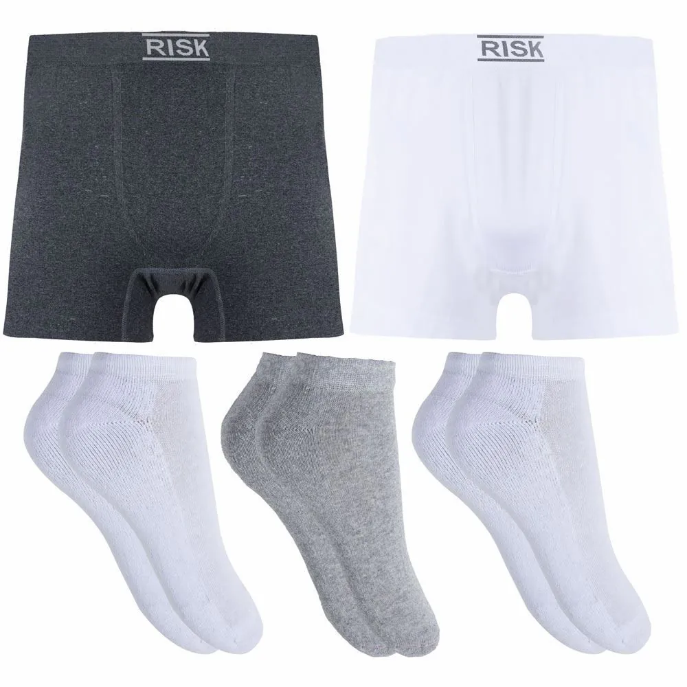 Kit com 2 Cuecas Boxer + 3 Pares de meias Risk Bco/Mcl/Bco Kit3