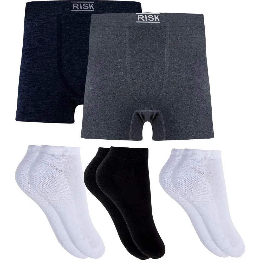 Kit com 2 Cuecas Boxer + 3 Pares de meias Risk Bco/Pto/Bco Kit1
