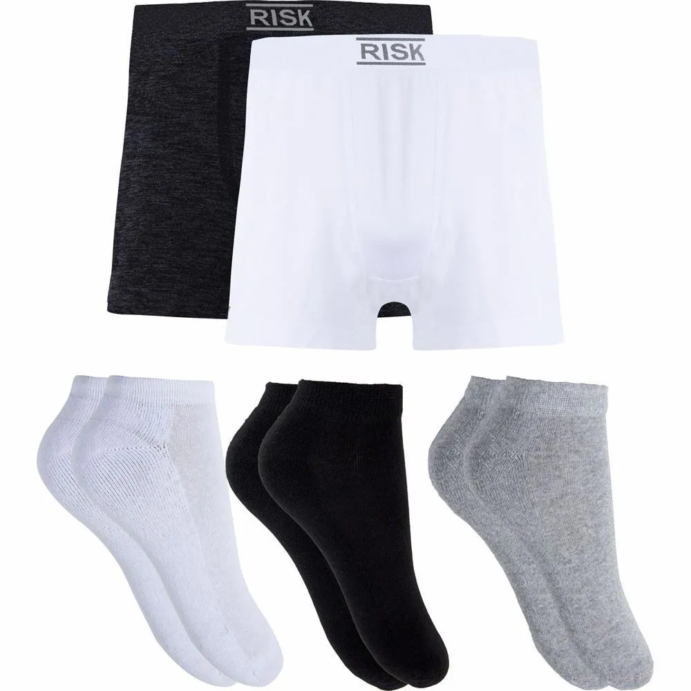 Kit com 2 Cuecas Boxer + 3 Pares de meias Risk Bco/Pto/Mcl Kit2