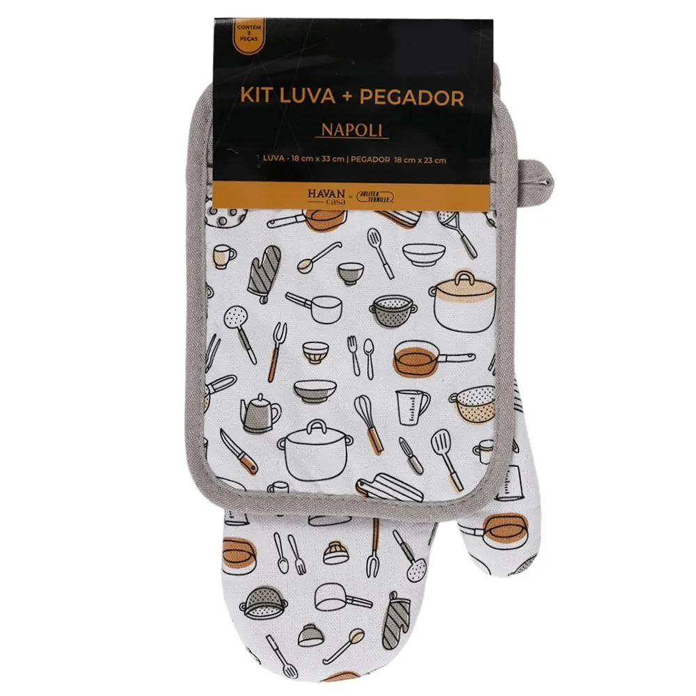 Kit Luva e Pegador de Panelas Napoli Jolitex - Cinza Utensílios