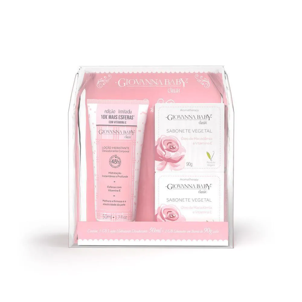 Kit Mini Hidratante + 2 Sabonetes Vegetal Giovanna Baby - Classic Rosa