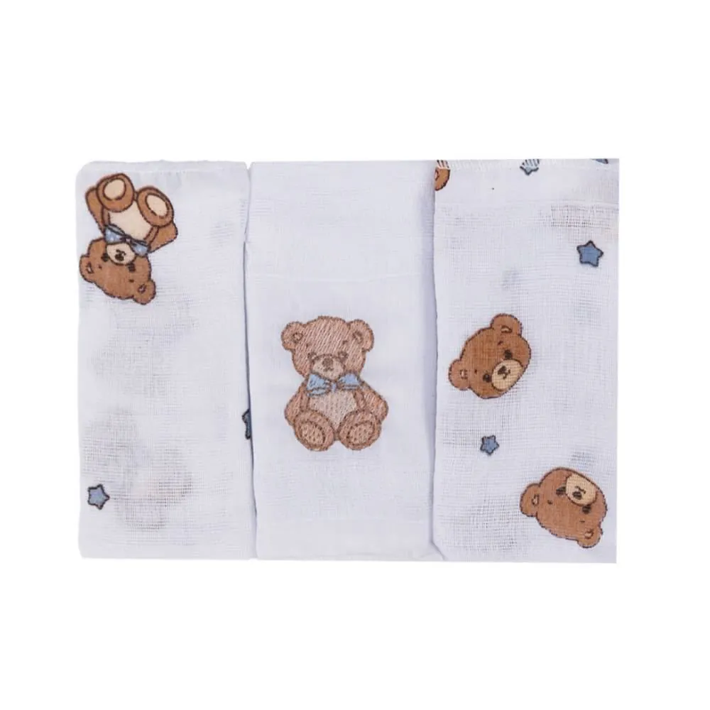 Kit Pano de Boca 3 Peças Prime Baby - Urso Azul