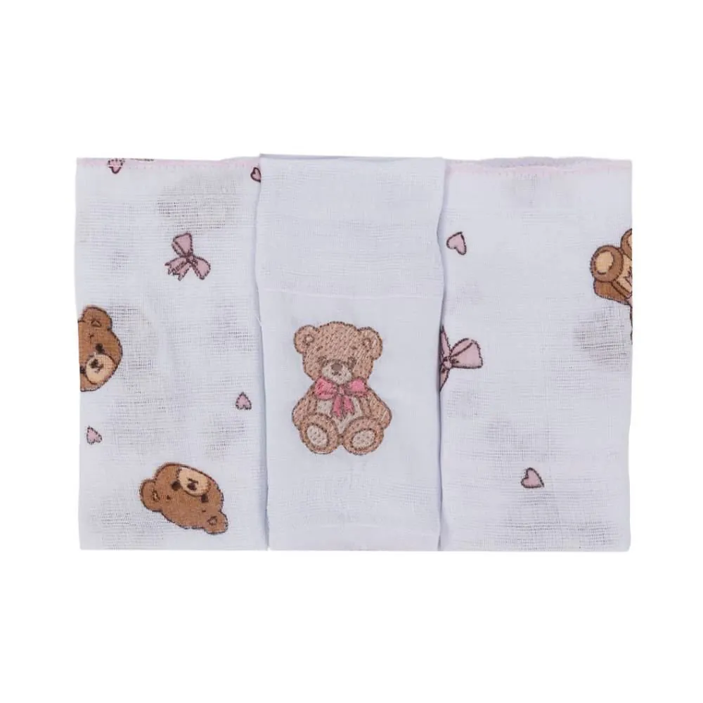 Kit Pano de Boca 3 Peças Prime Baby - Urso Rosa