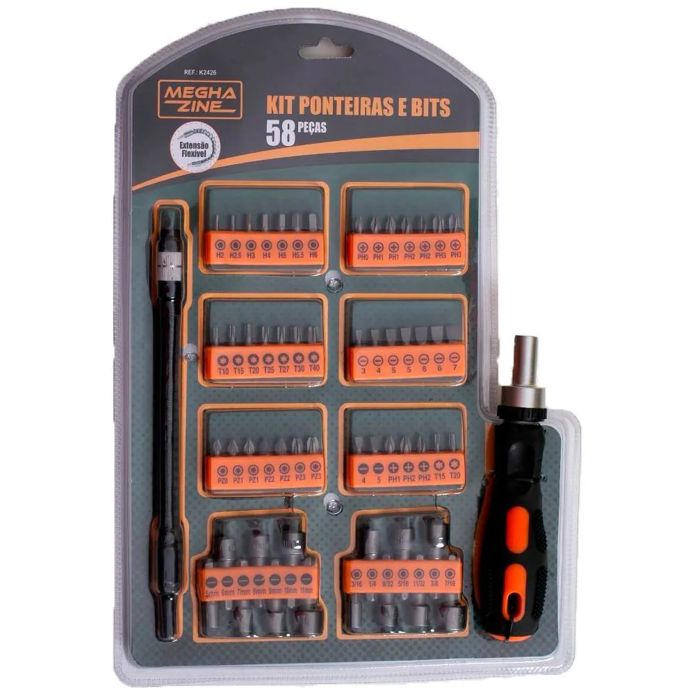 Kit Ponteiras e Bits com 58 Peças Meghazine K2426 - Laranja