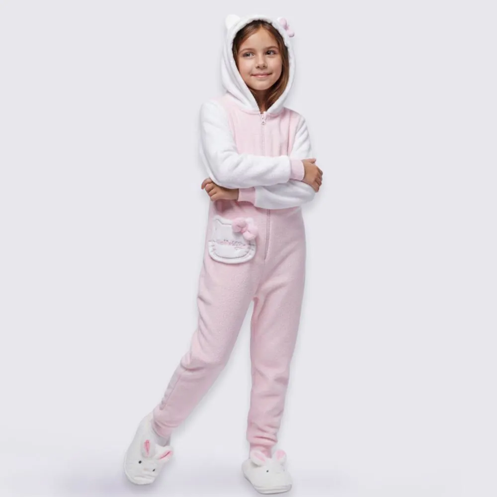 Macacão Pijama Infantil 4 a 10 Anos em Fleece Sanrio Hello Kitty