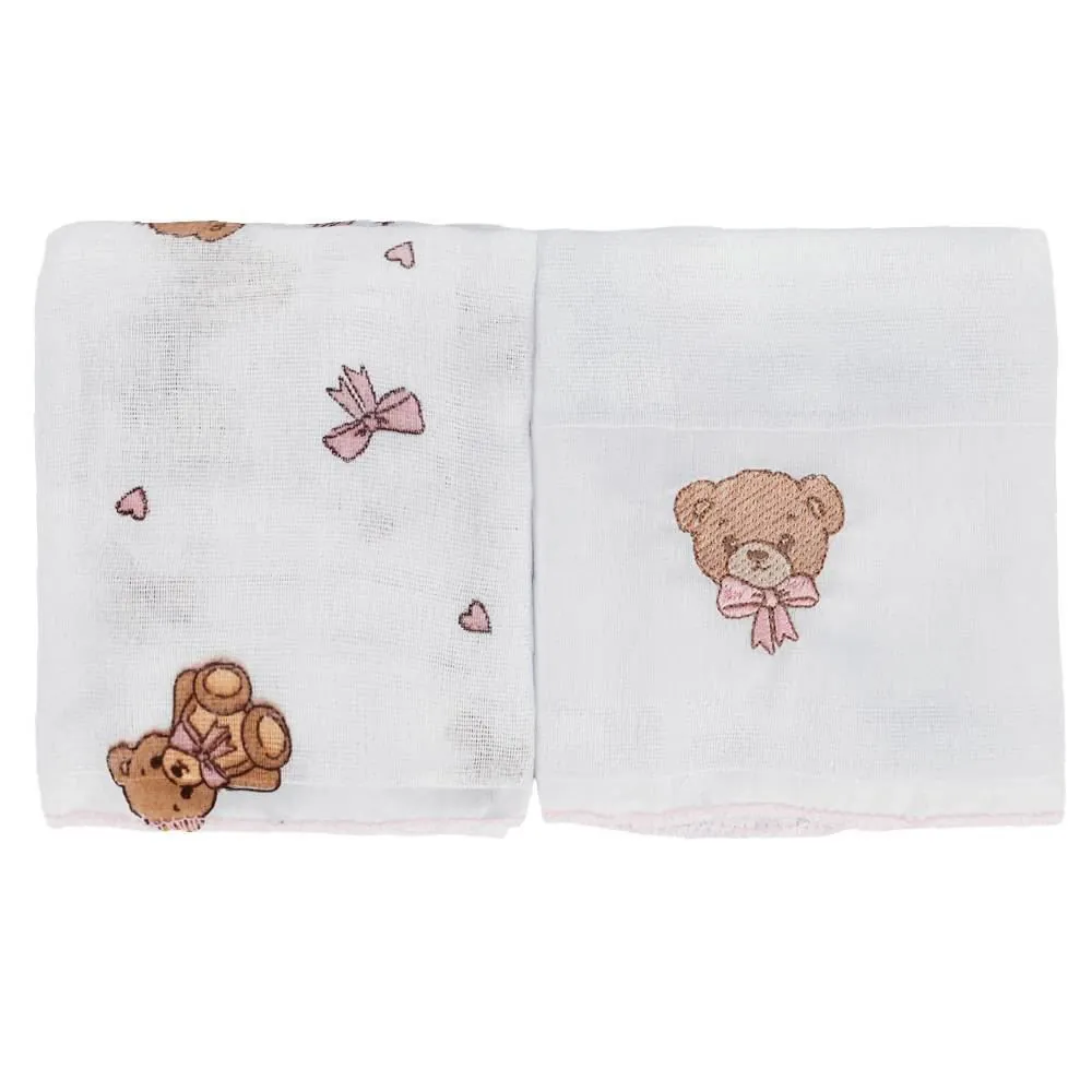 Kit Pano de Boca Bordado Baby 2 Peças - Urso Rosa