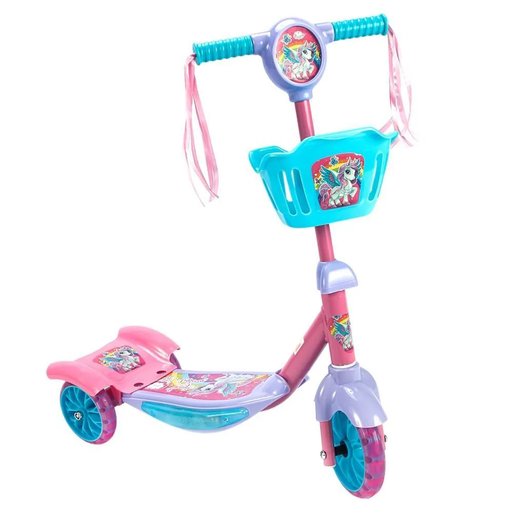 Patinete Unicórnio 3 Rodas com Cesta Som e Led Toys - Rosa