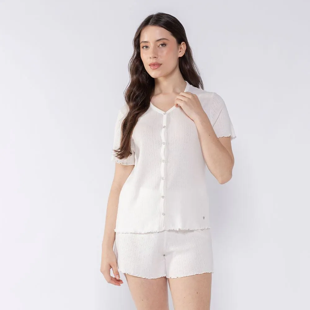 Pijama Feminino Americano de Tricot Camila Moretti Off White