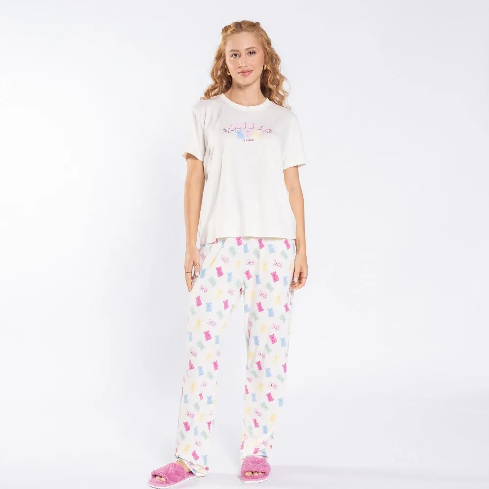 Pijama Feminino Calça e Manga Curta Camila Moretti Off White