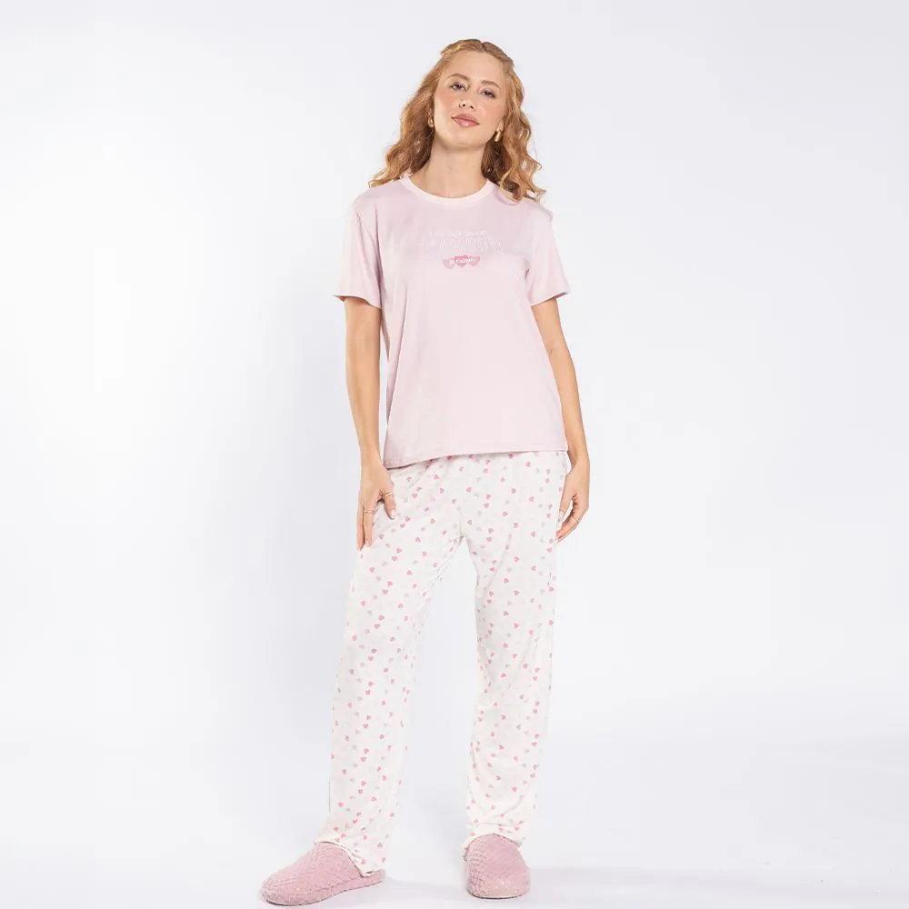 Pijama Feminino Calça e Manga Curta Camila Moretti Off White