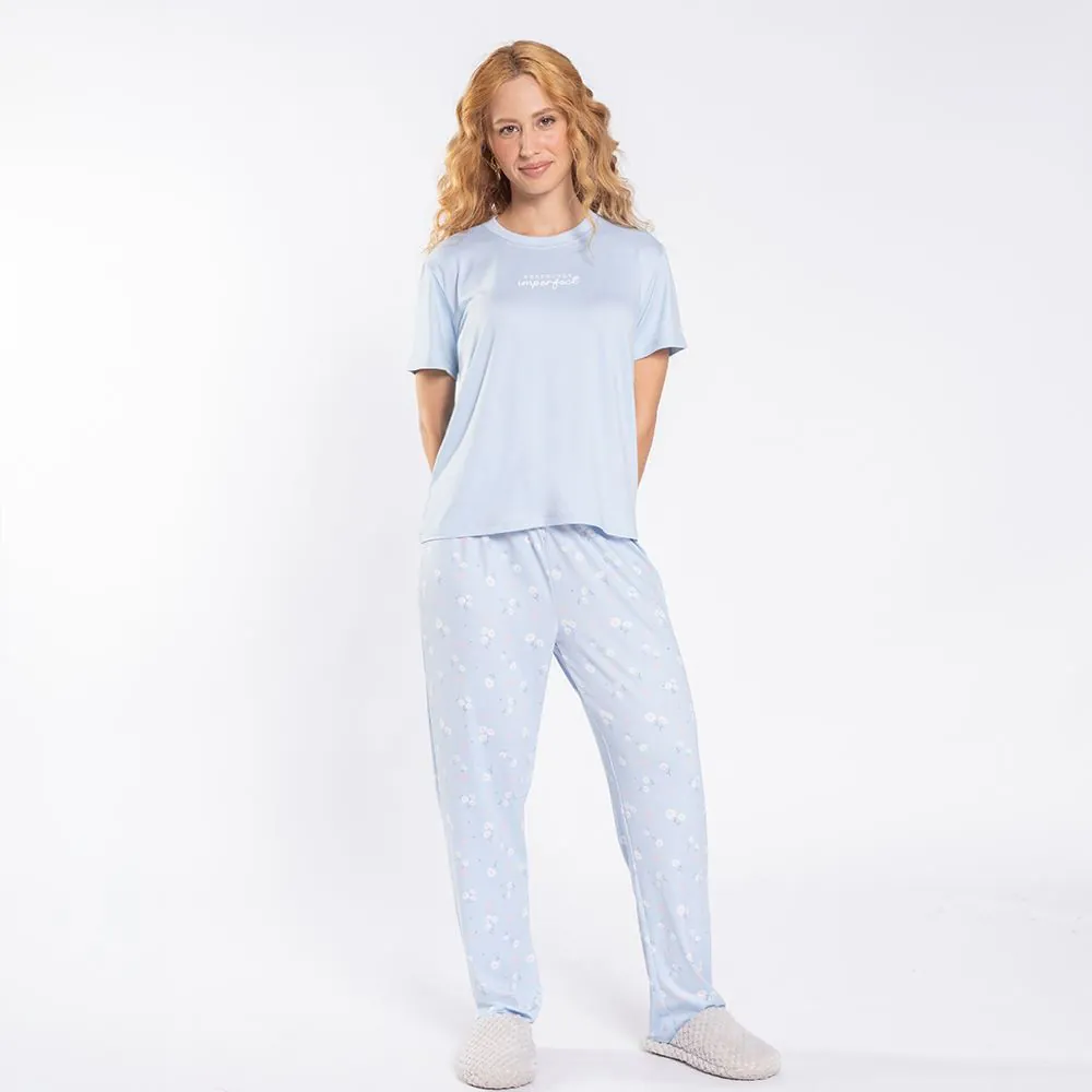 Pijama Feminino Calça e Manga Curta Camila Moretti Azul Areado