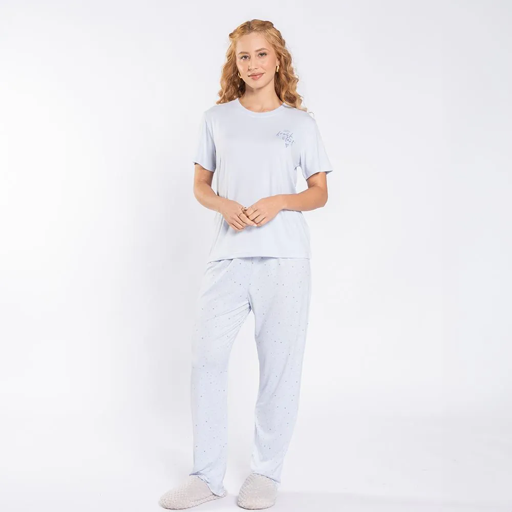 Pijama Feminino Calça e Manga Curta Poá Camila Moretti Azul Areado