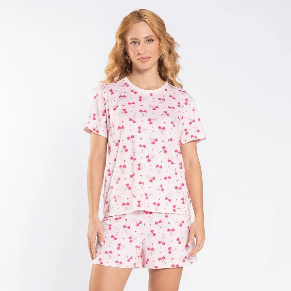 Pijama Feminino Curto Cereja Camila Moretti Rosa Claro