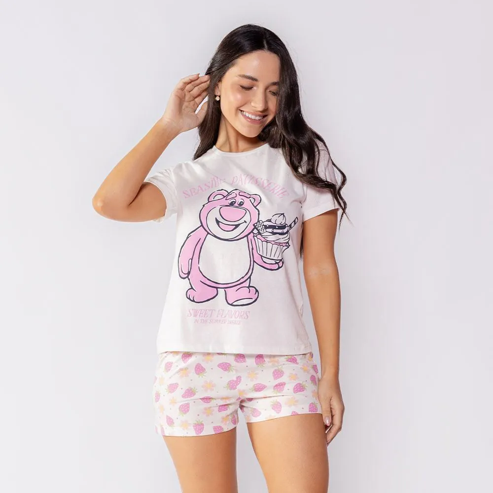 Pijama Feminino Curto Lotso de Algodão Disney Branco