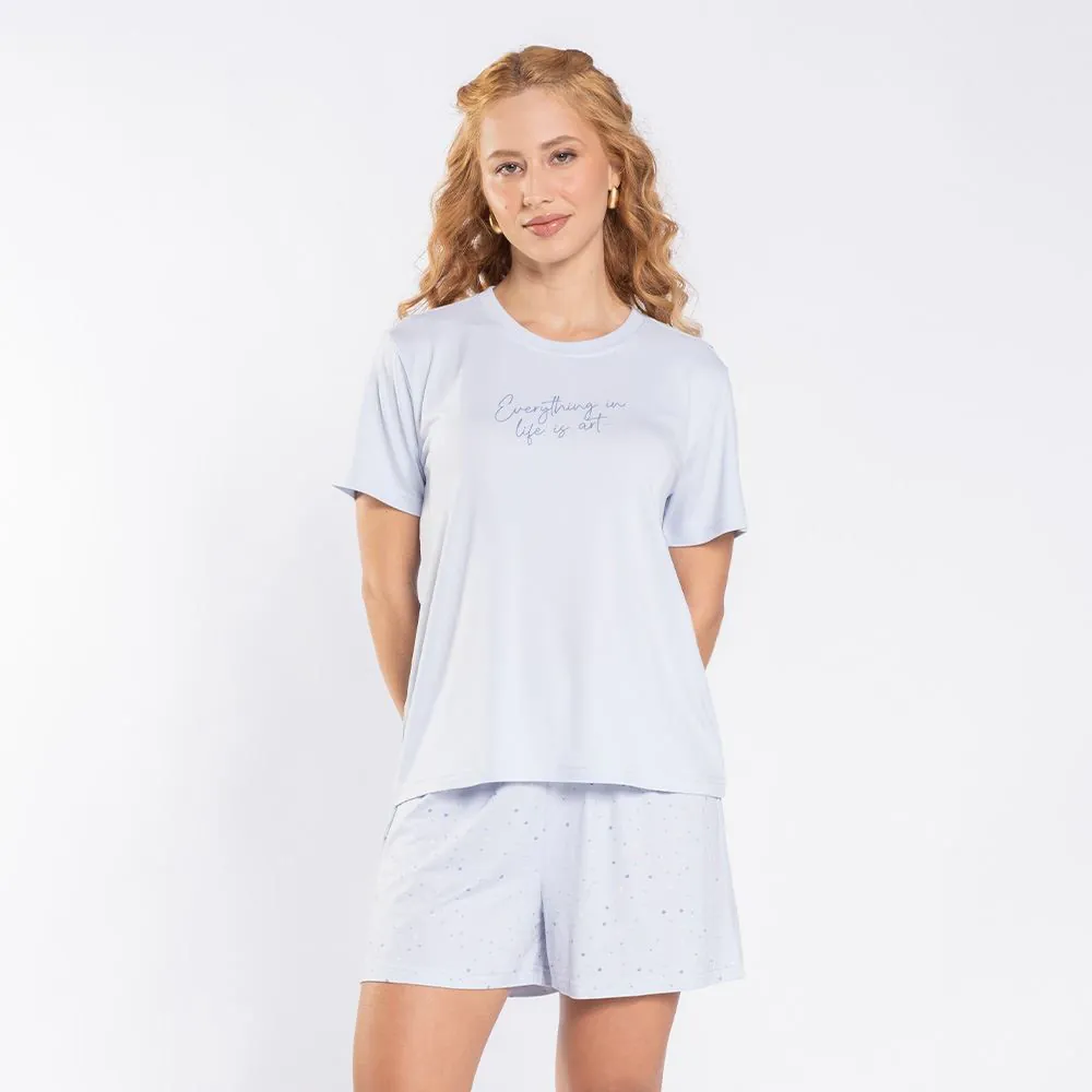 Pijama Feminino Curto Poá Camila Moretti Azul Areado