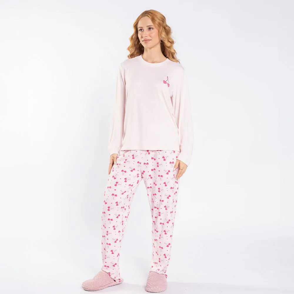 Pijama Feminino Longo Cereja Camila Moretti Rosa Claro