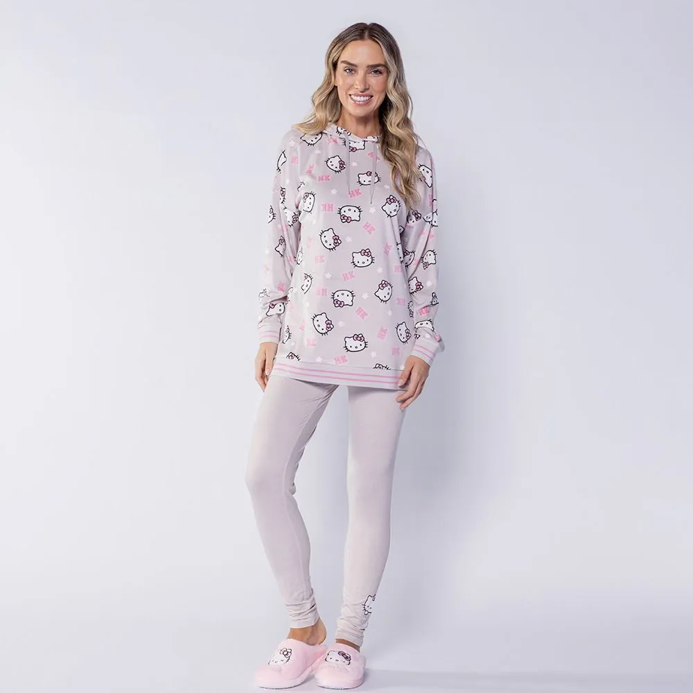 Pijama Feminino Longo com Capuz em Plush Sanrio Hello Kitty