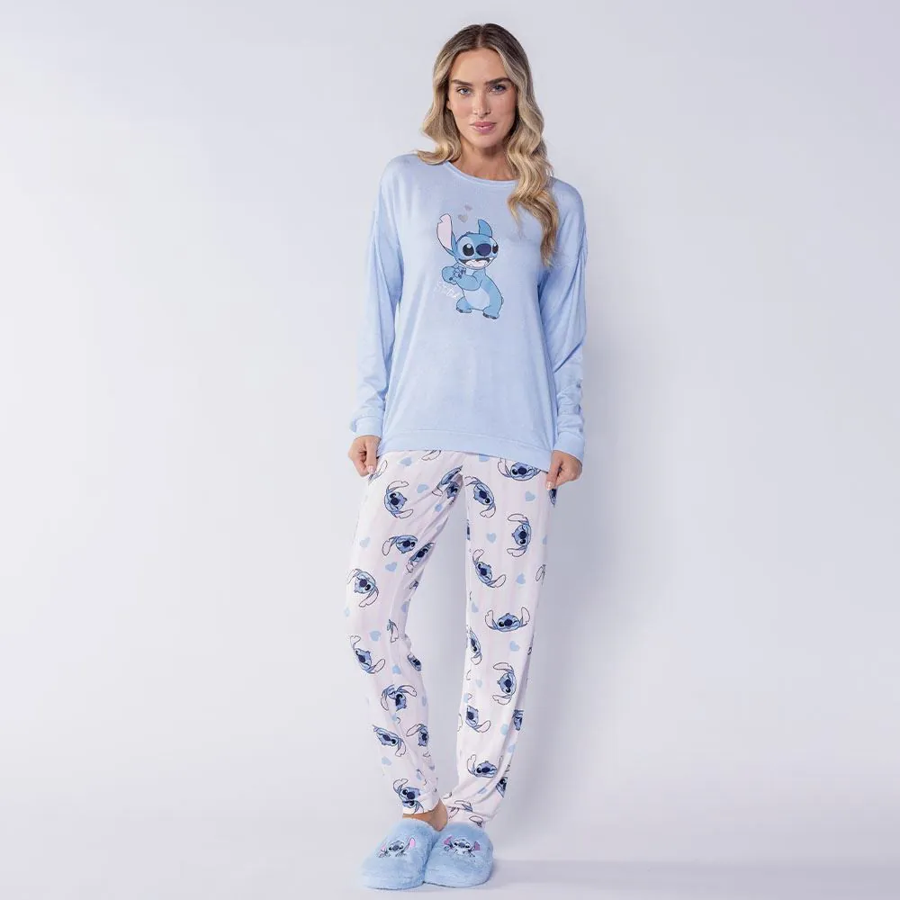 Pijama Feminino Longo em Malha Tricot Disney Stitch