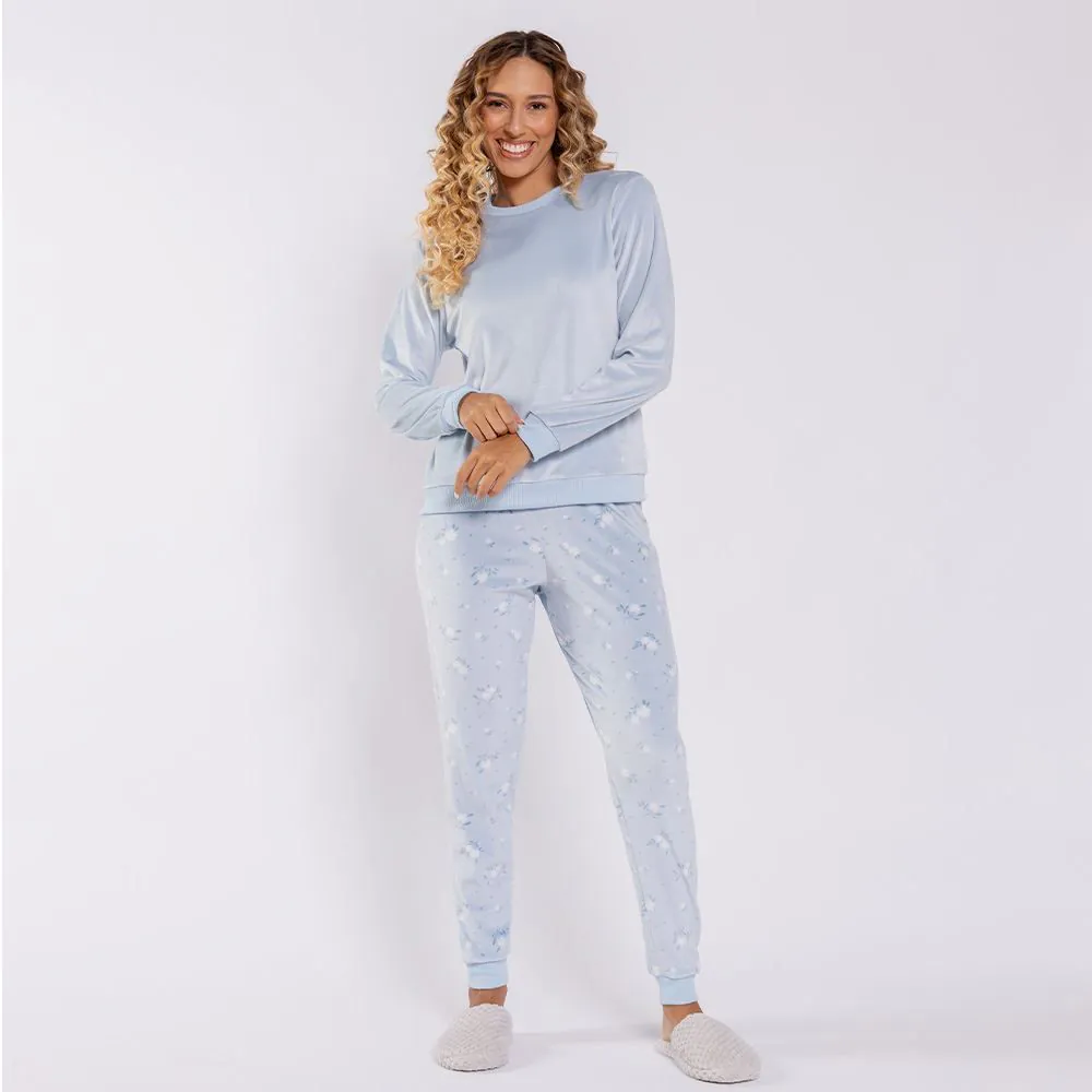 Pijama Feminino Longo em Plush Camila Moretti Azul