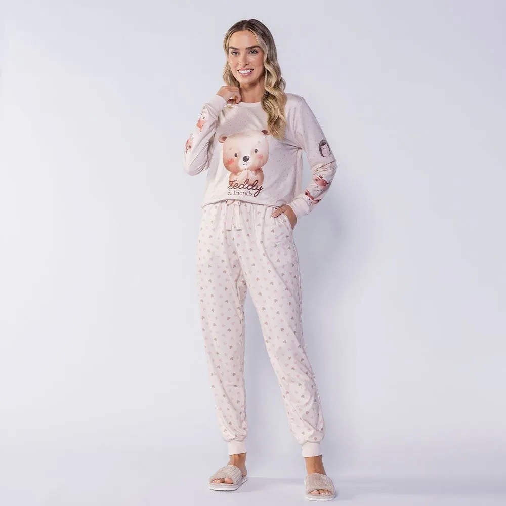 Pijama Feminino Longo Peletizado Teddy Camila Moretti Estampado