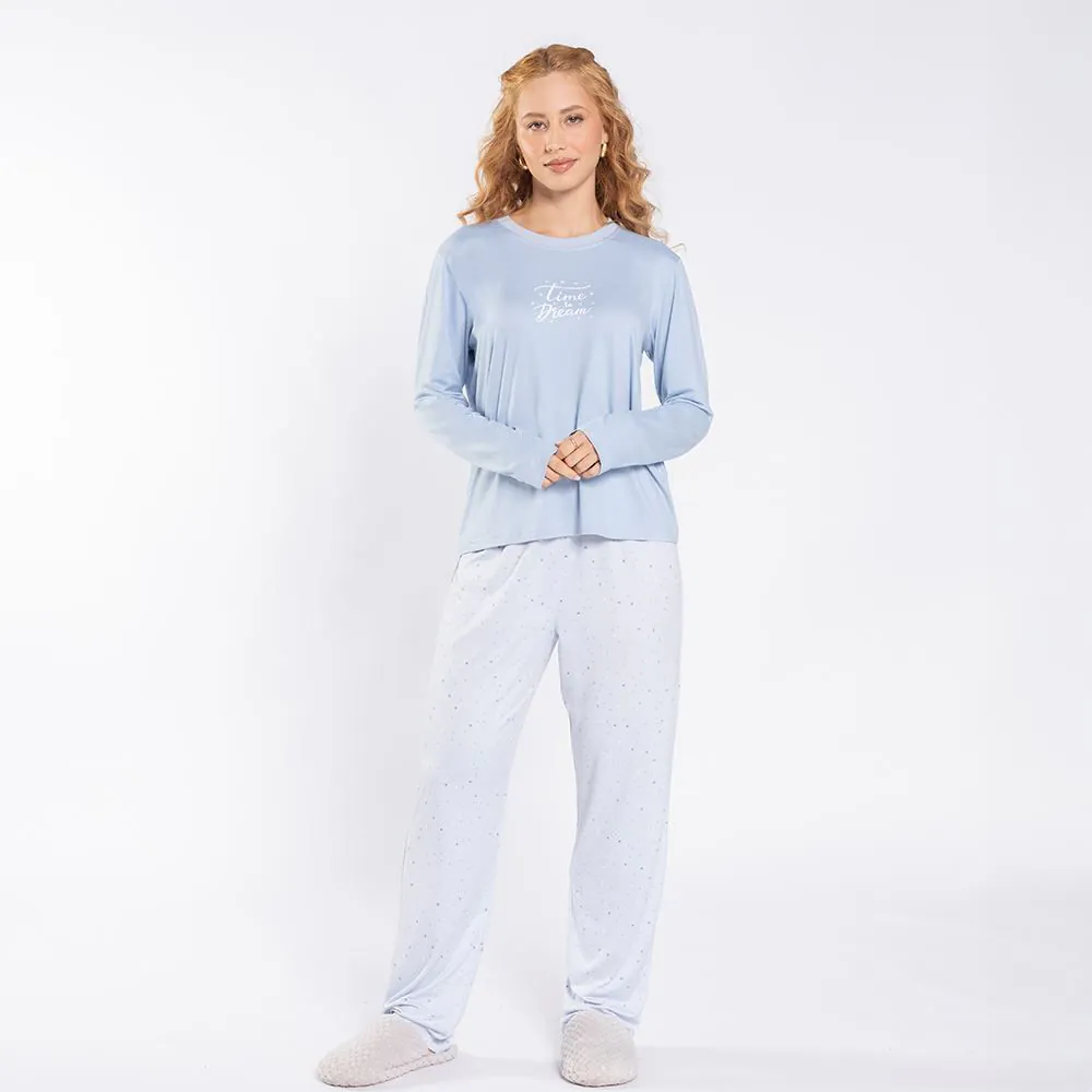 Pijama Feminino Longo Poá Camila Moretti Azul Areado