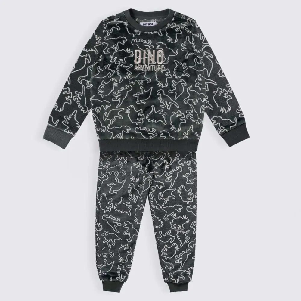 Pijama Infantil Menino 4 a 10 Anos em Fleece Dino Hot Dog Estampado