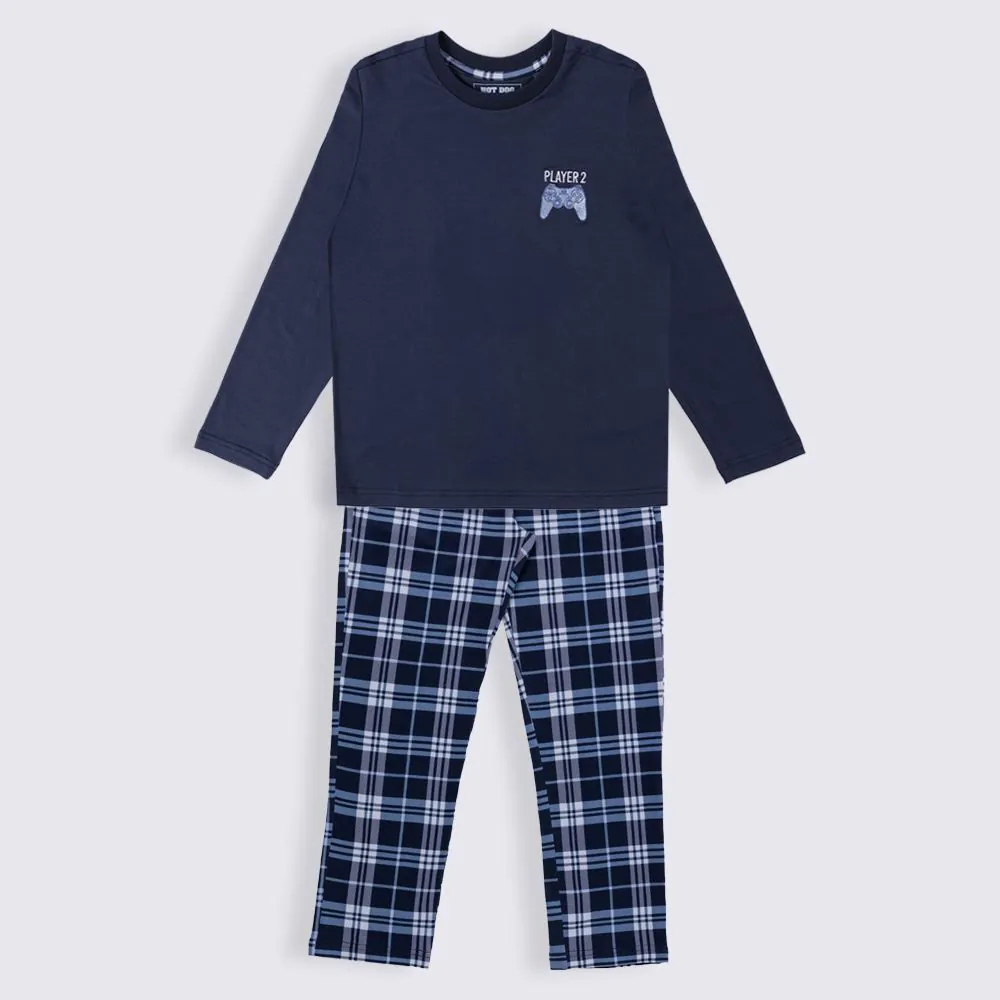 Pijama Infantil Menino 4 a 10 Anos Longo Peletizado Hot Dog Xadrez