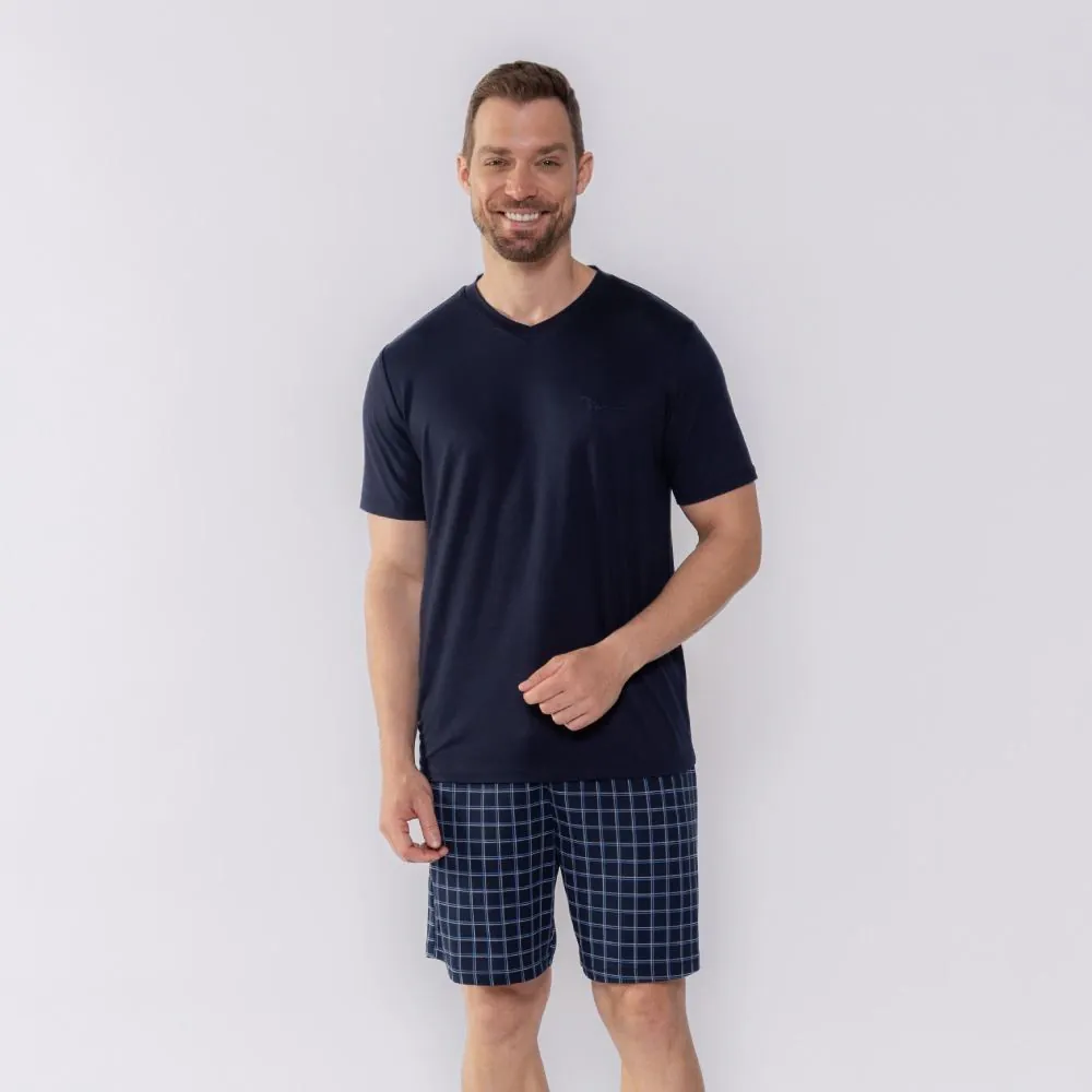 Pijama Masculino Curto Xadrez Marc Alain Azul