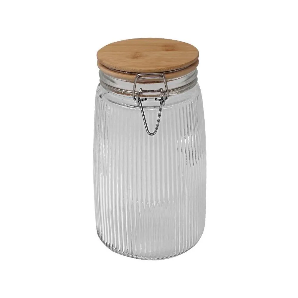 Pote de Vidro Canelado com Tampa de Bambu - 1,8 Litros