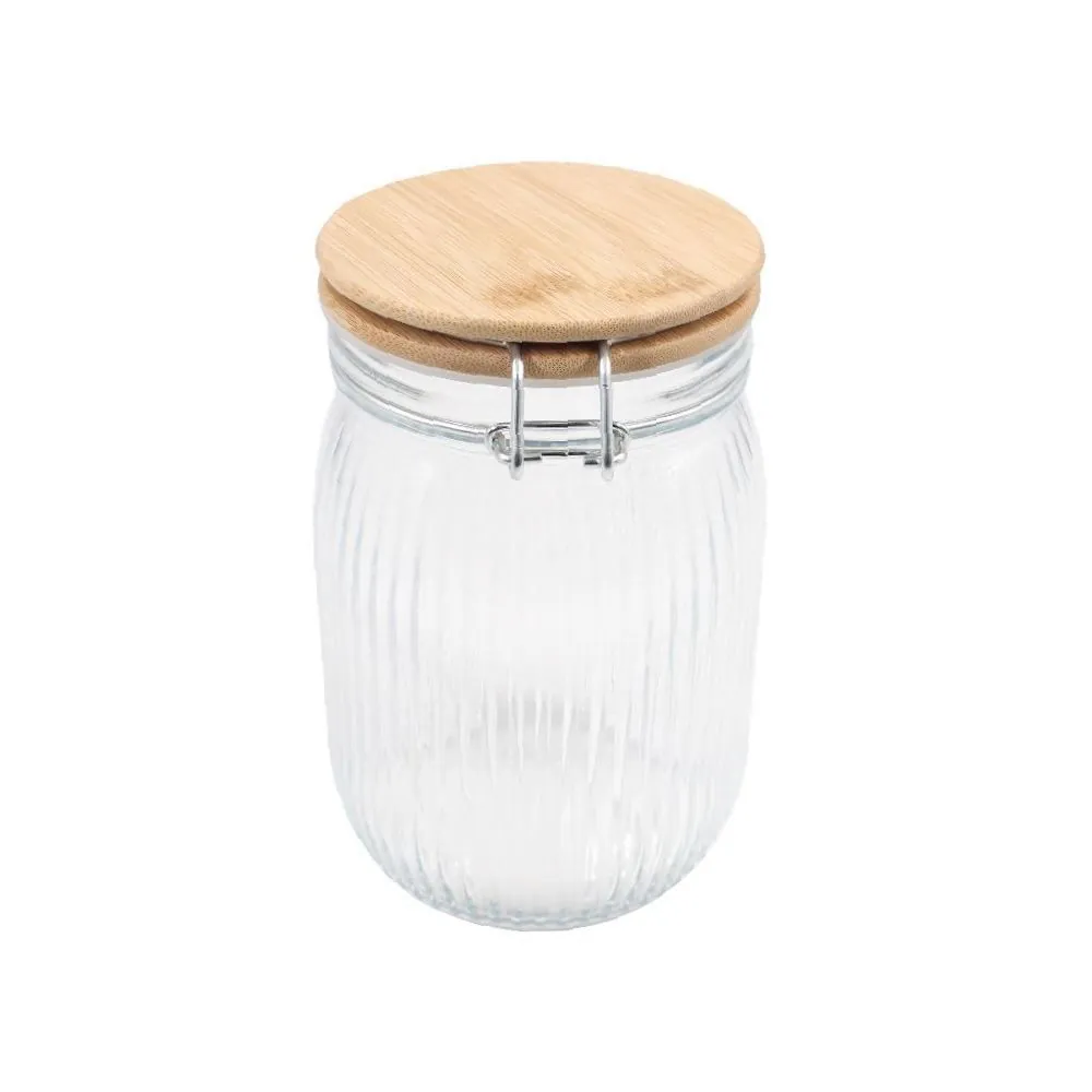Pote Hermético Canelado com Tampa 1 Litro - Bambu e Transparente