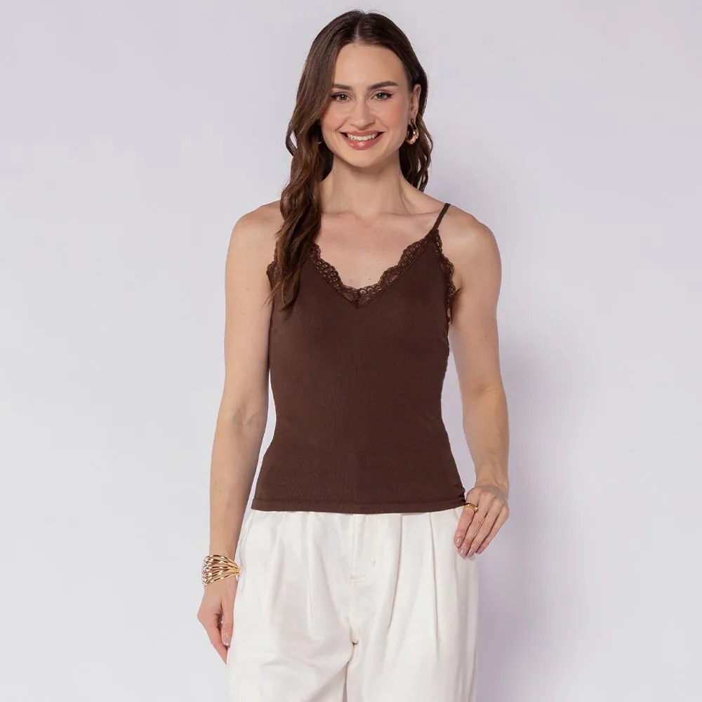 Regata Feminina com Renda Canelada Boby Blues Marrom