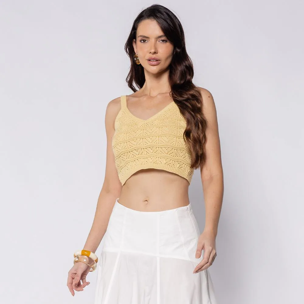 Regata Feminina Cropped em Tricot Boby Blues Manteiga