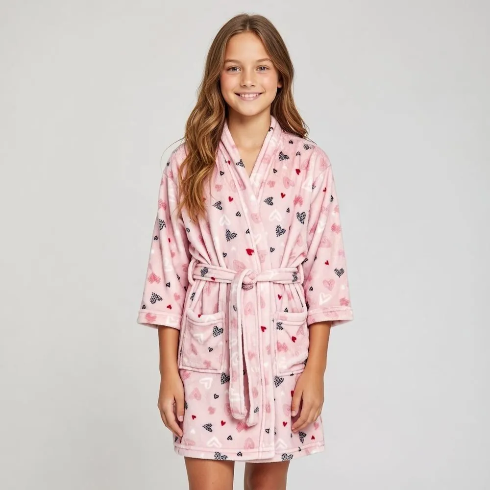 Roupão Infantil G Microfibra Lumini Kids - Coração Rosa