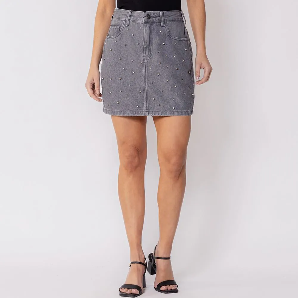 Saia Feminina Jeans com Perola Boby Blues Cinza