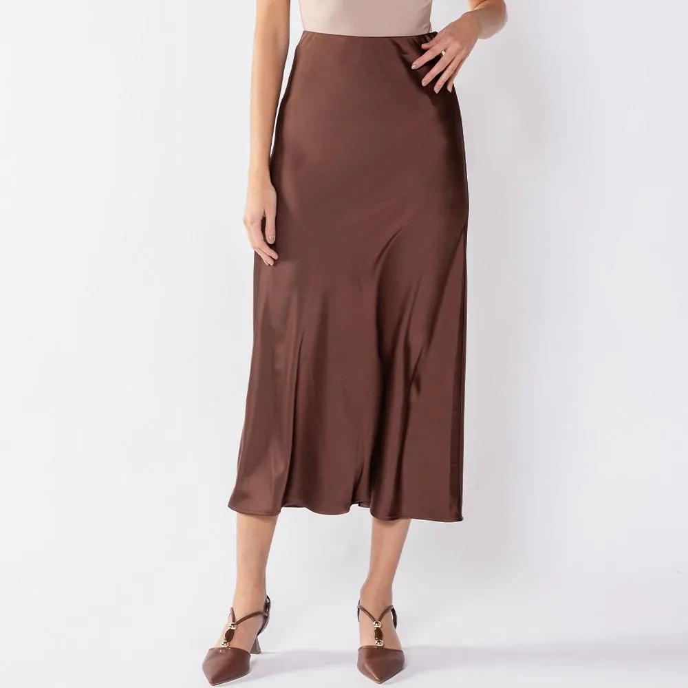 Saia Midi Feminina de Cetim Patricia Foster Marrom