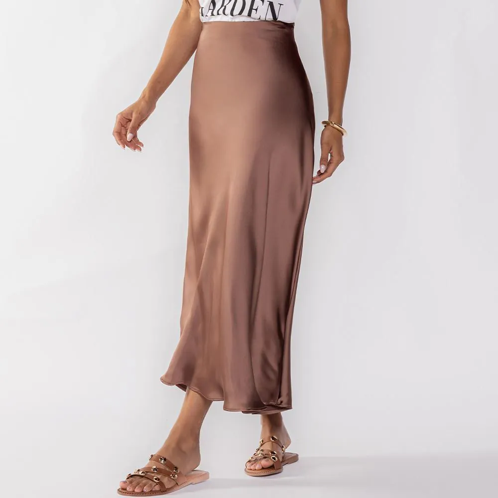 Saia Midi Feminina em Cetim Patricia Foster Marrom