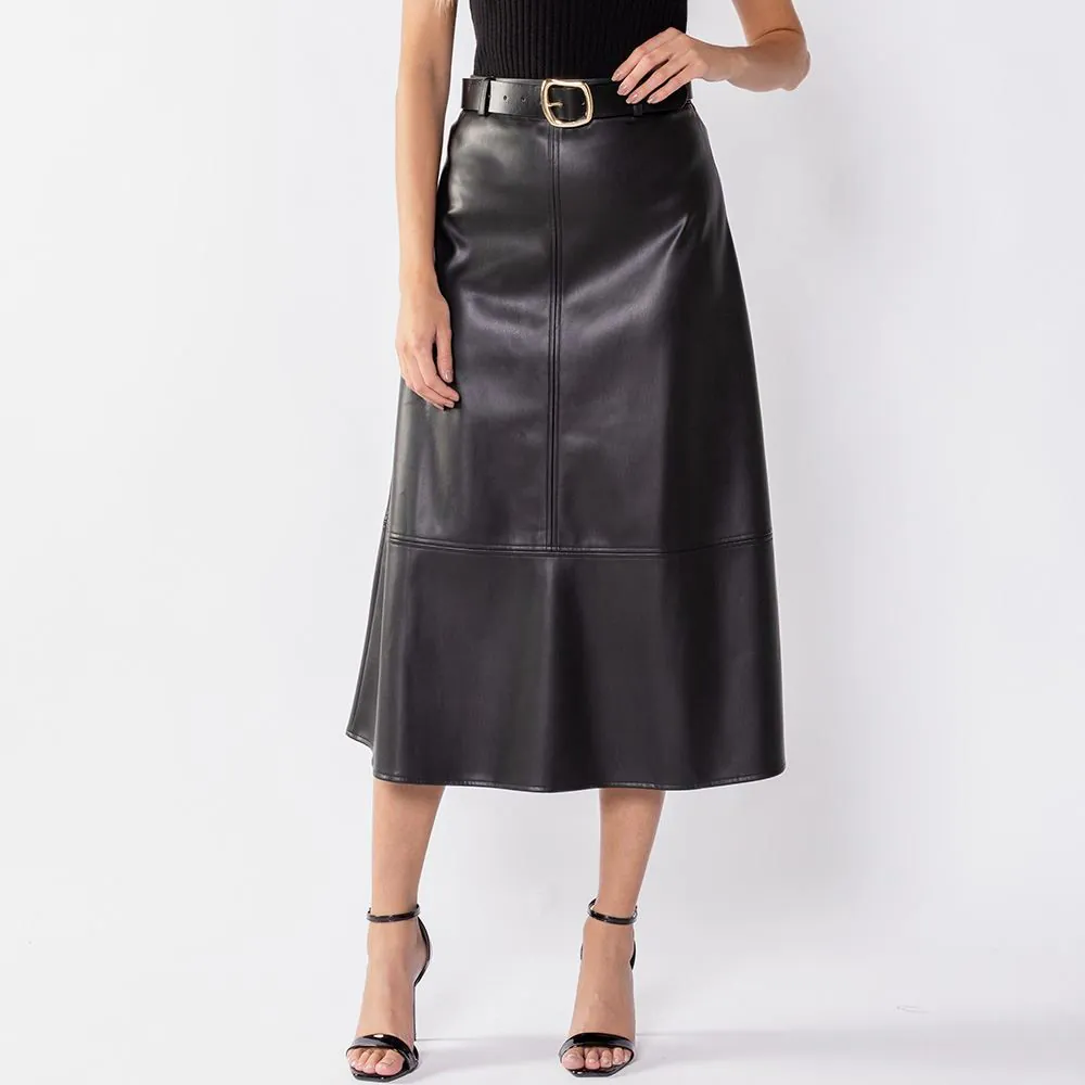 Saia Midi Feminina em PU Patricia Foster Preto