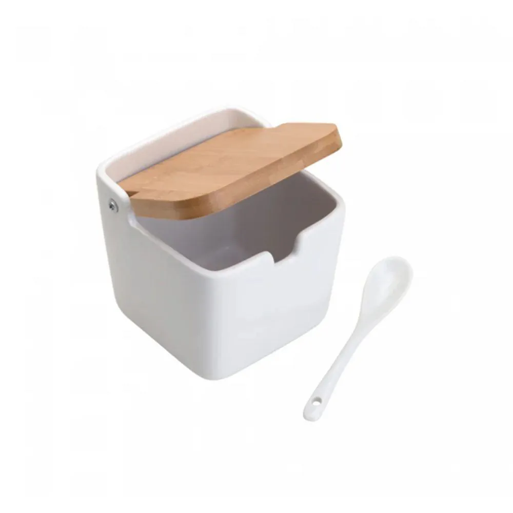 Saleiro de Cerâmica com Tampa e Colher Bianco 10Cm Lyor - Branco