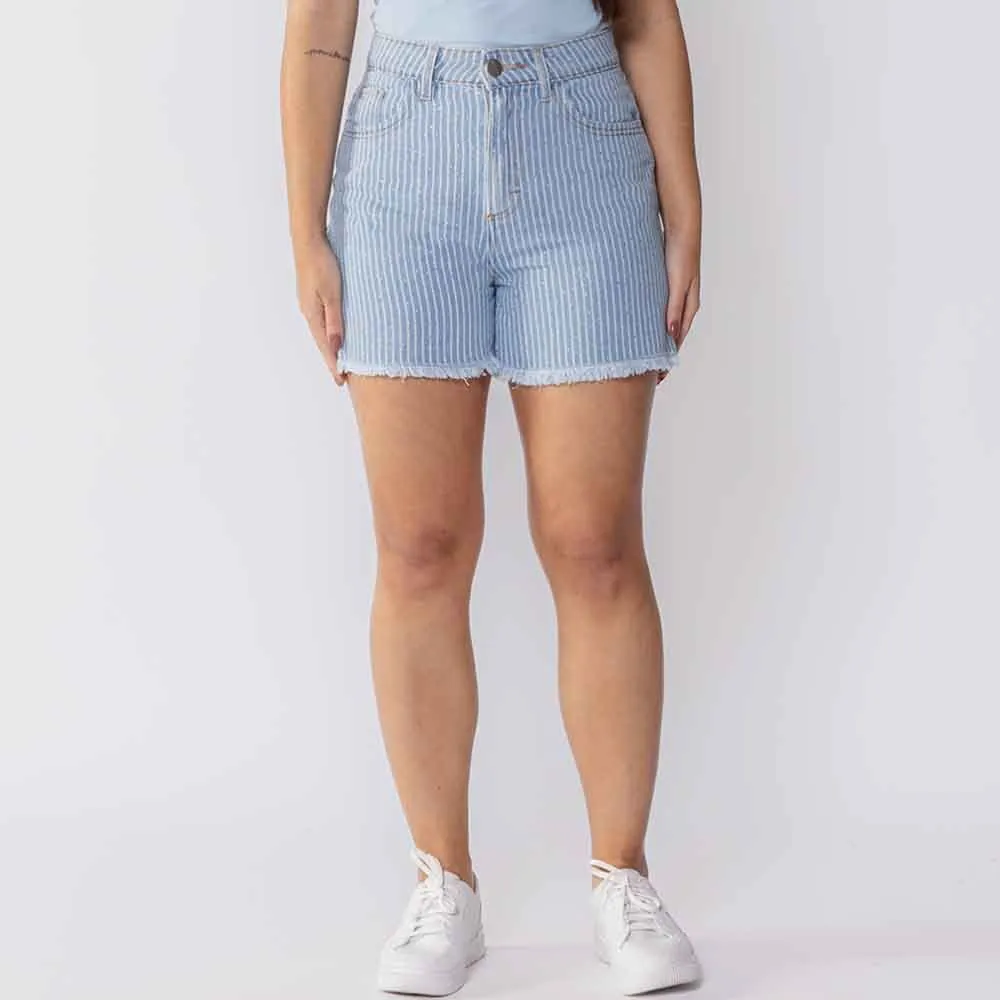 Short Jeans Feminino com Listras e Strass Boby Blues Azul/Branco