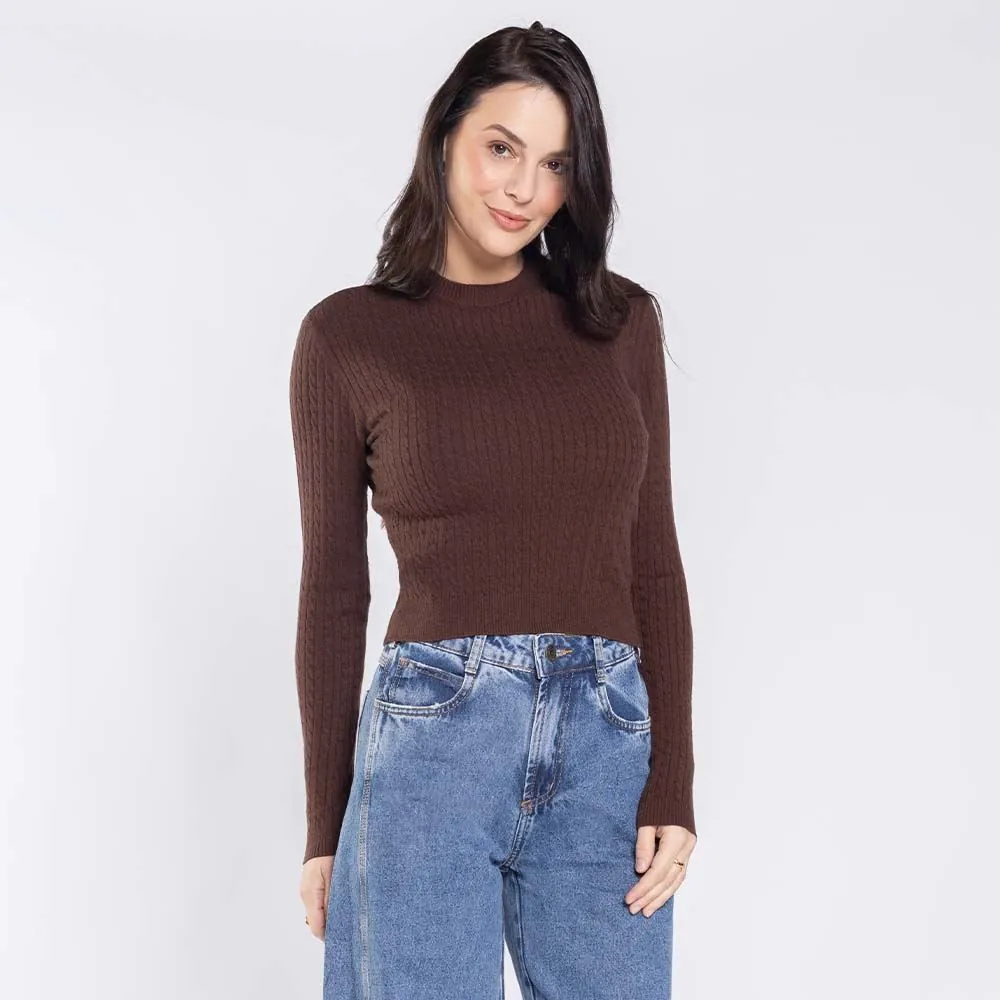 Suéter Feminino de Tricot Trançado Boby Blues Marrom