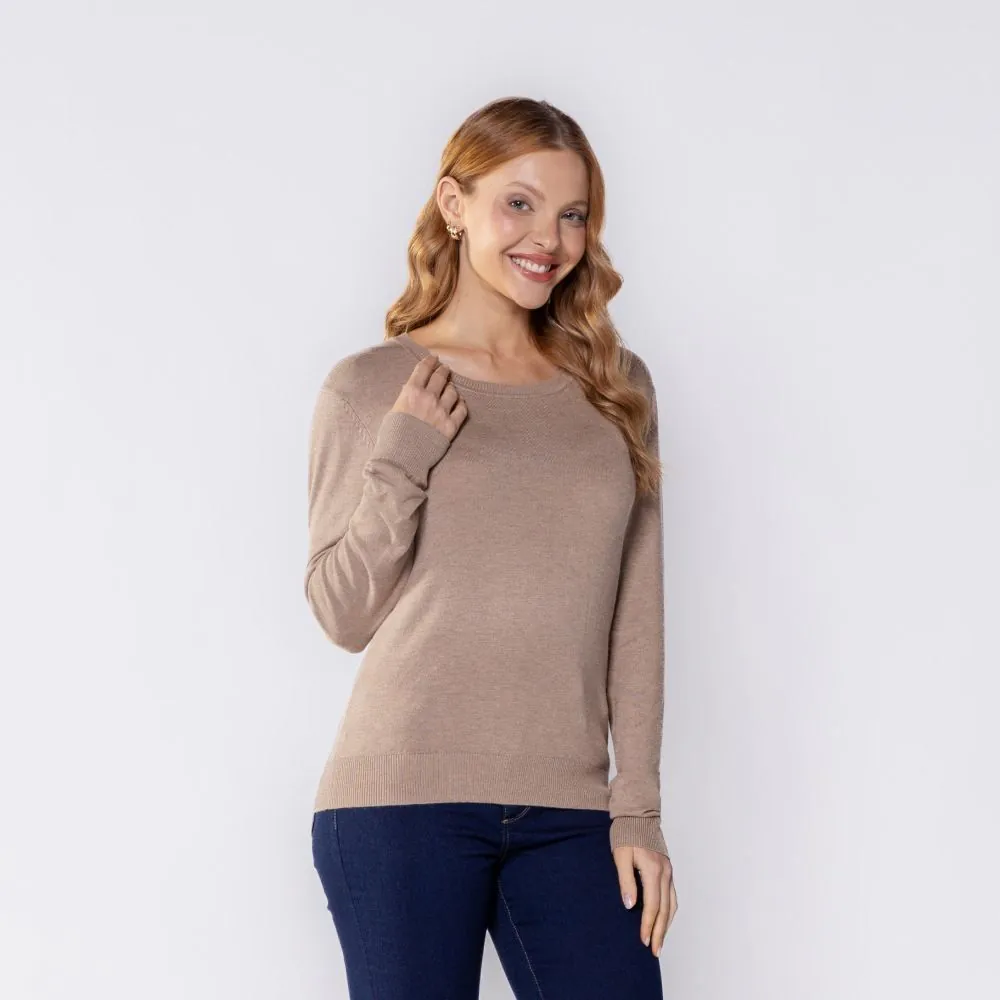 Suéter Feminino Gola Redonda Patricia Foster Bege Melange