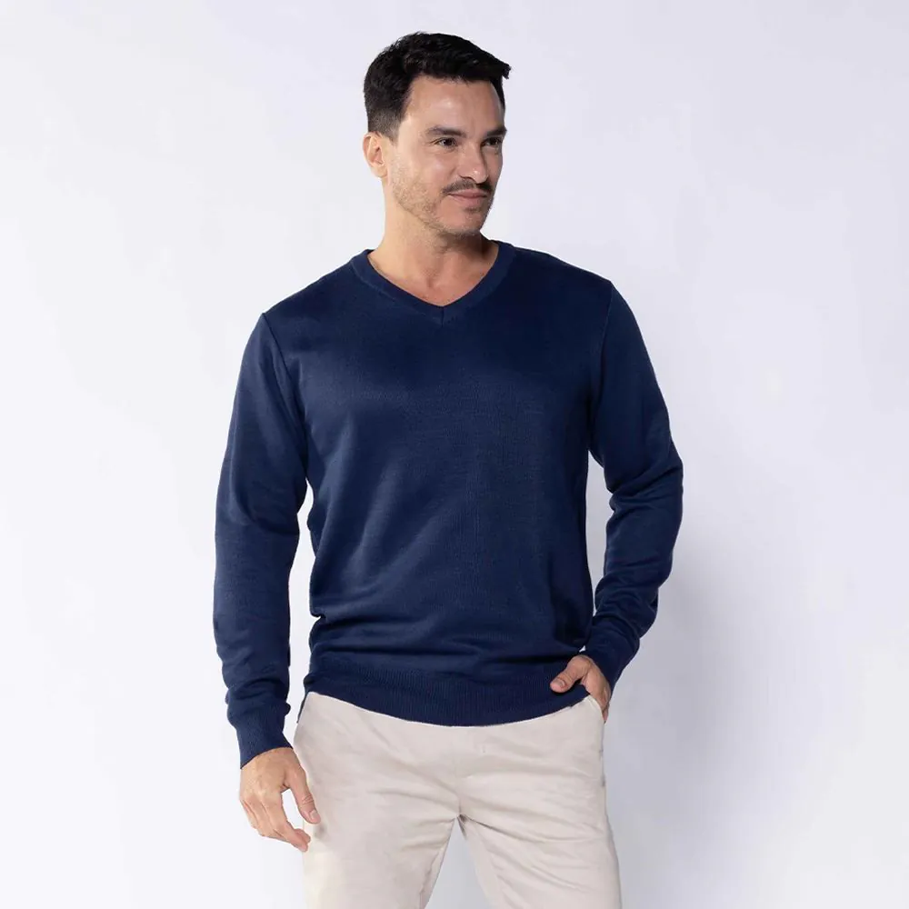 Suéter Masculino de Tricot Gola V Marc Alain Azul Marinho